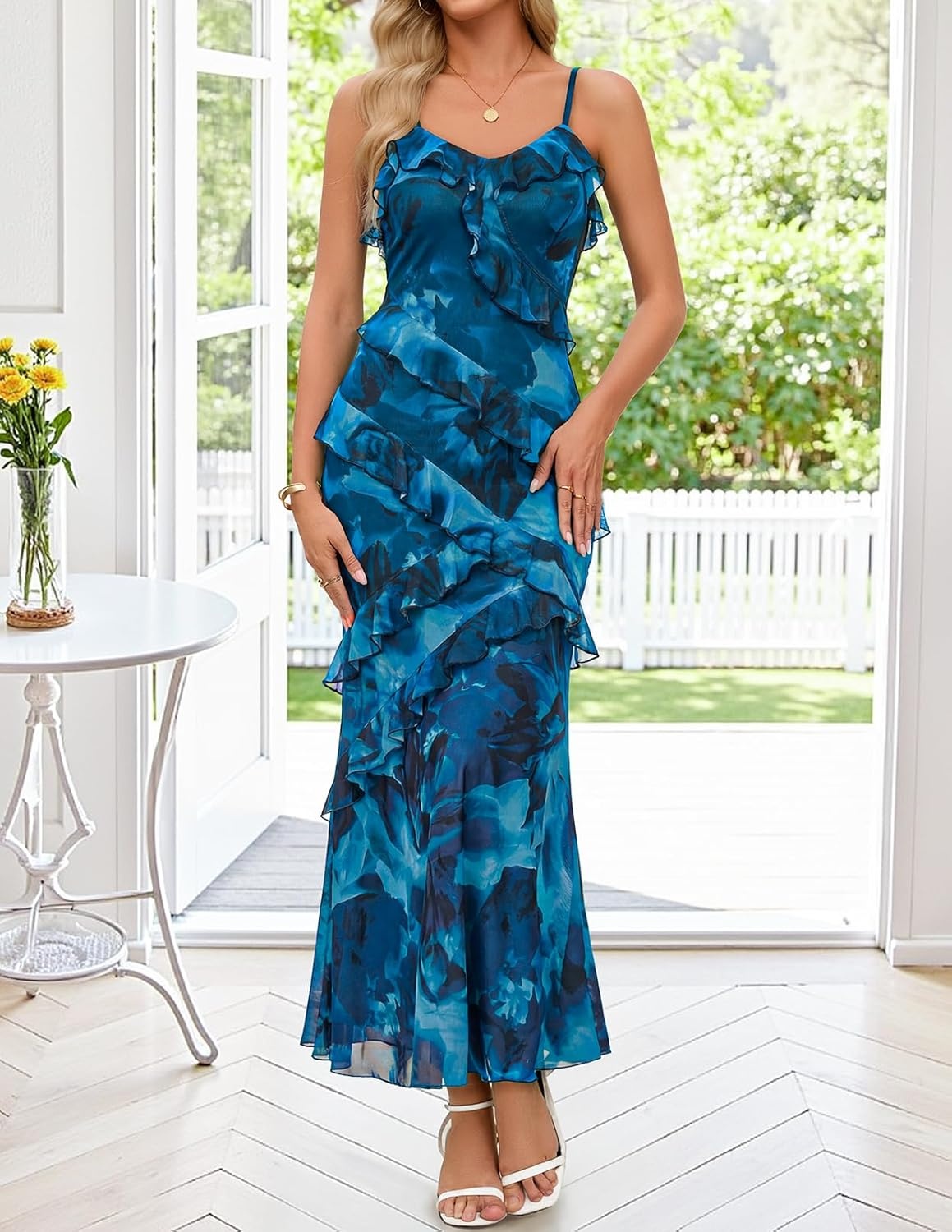 image:imageMEROKEETY Summer Floral Wedding Guest Maxi Dress Women 2026 Vacation Formal Bodycon Spaghetti Strap Cocktail Party Long DressLakeblue
