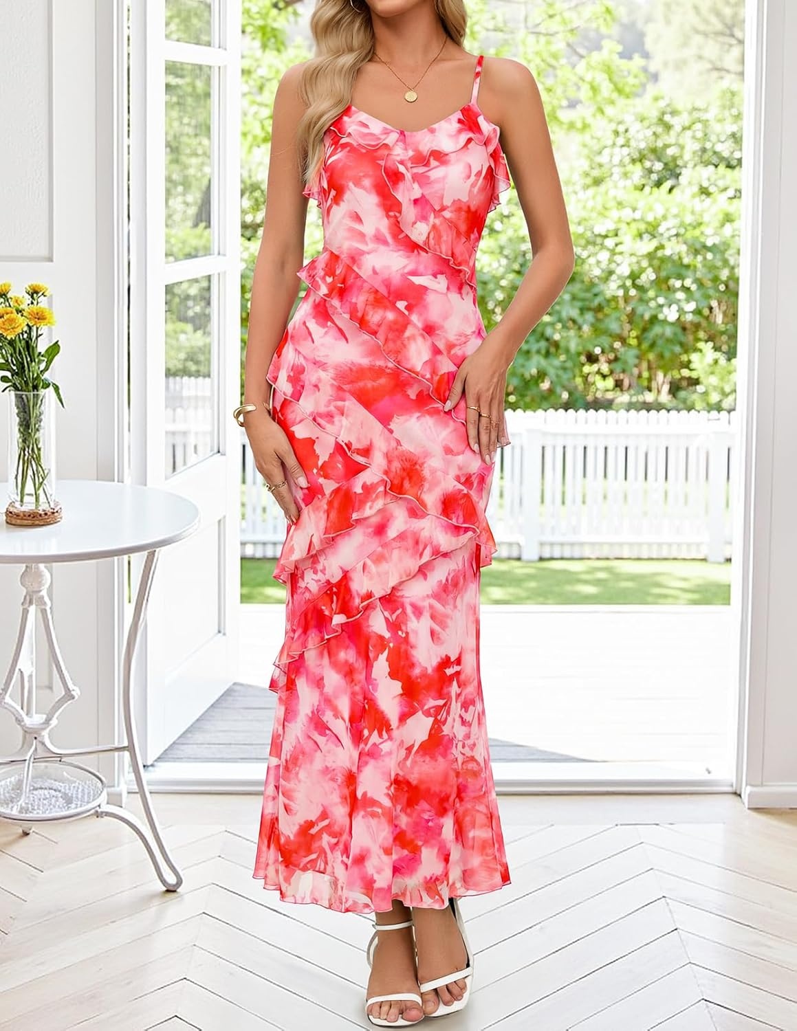 image:imageMEROKEETY Summer Floral Wedding Guest Maxi Dress Women 2026 Vacation Formal Bodycon Spaghetti Strap Cocktail Party Long DressPink