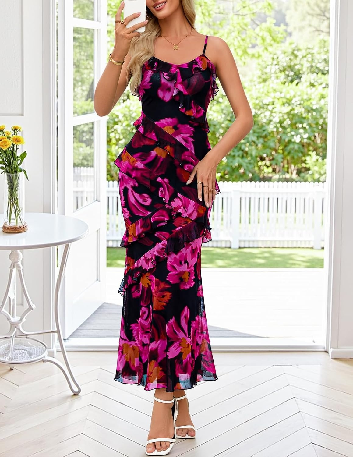 image:imageMEROKEETY Summer Floral Wedding Guest Maxi Dress Women 2026 Vacation Formal Bodycon Spaghetti Strap Cocktail Party Long DressRoseblack