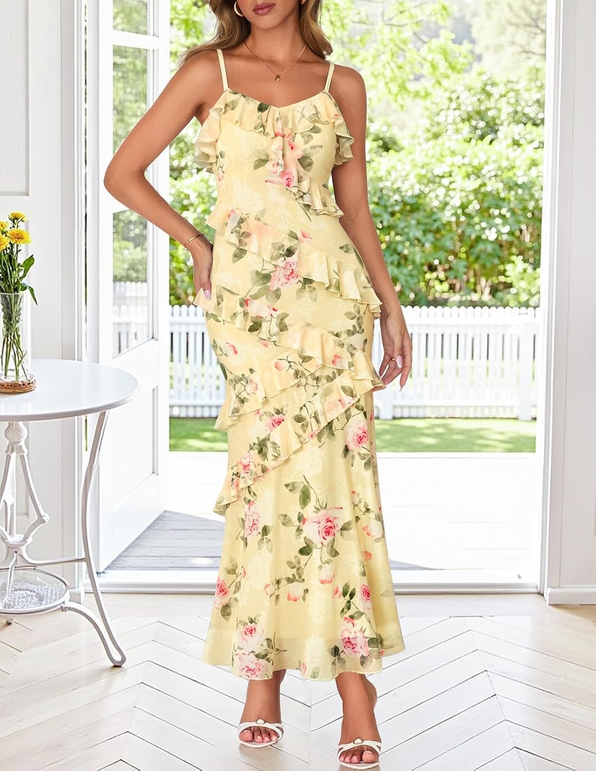 image:imageMEROKEETY Summer Floral Wedding Guest Maxi Dress Women 2026 Vacation Formal Bodycon Spaghetti Strap Cocktail Party Long DressYellow