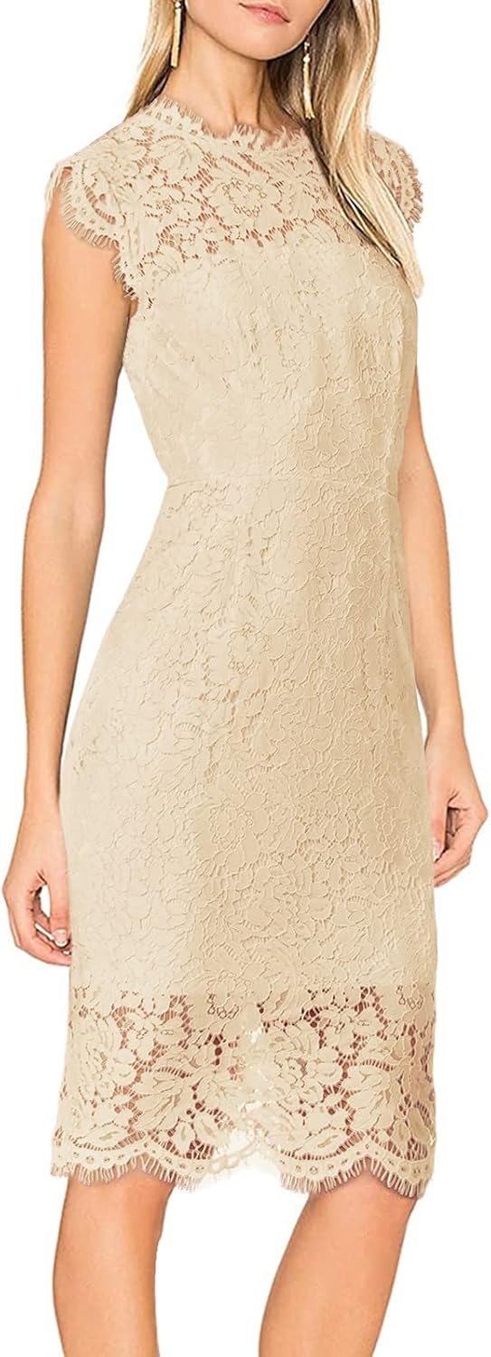 image:imageMEROKEETY Womens Sleeveless Lace Floral Elegant Cocktail Dress Crew Neck Knee Length for PartyApricot