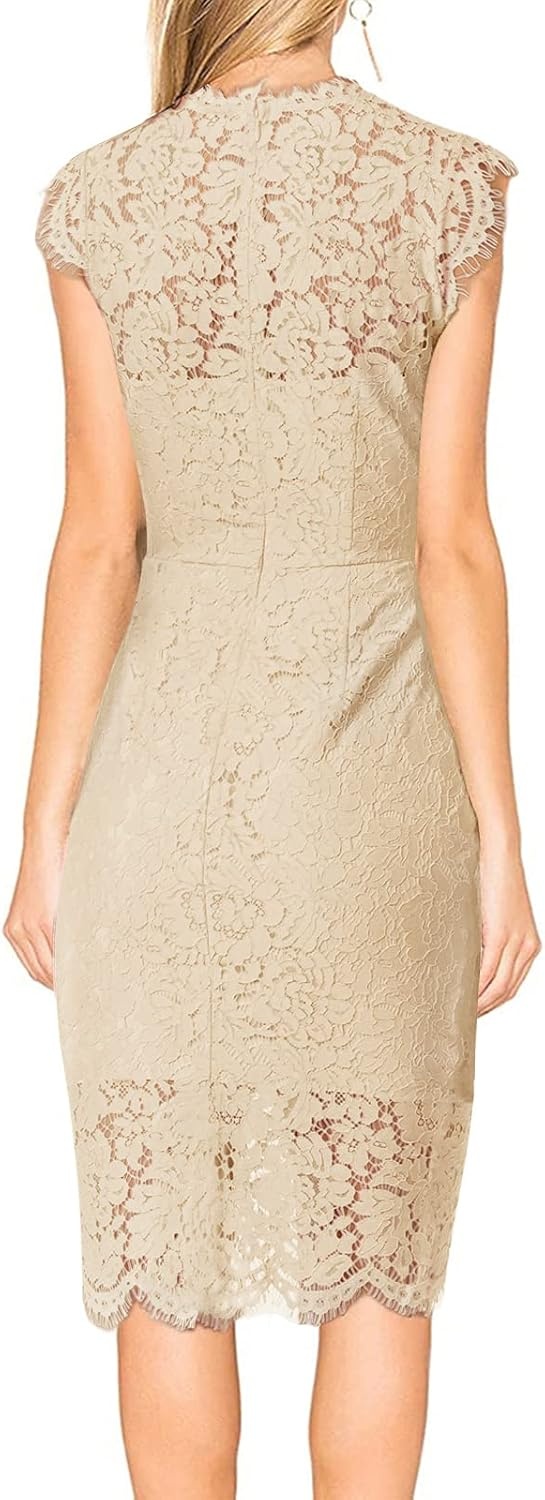 image:imageMEROKEETY Womens Sleeveless Lace Floral Elegant Cocktail Dress Crew Neck Knee Length for PartyApricot