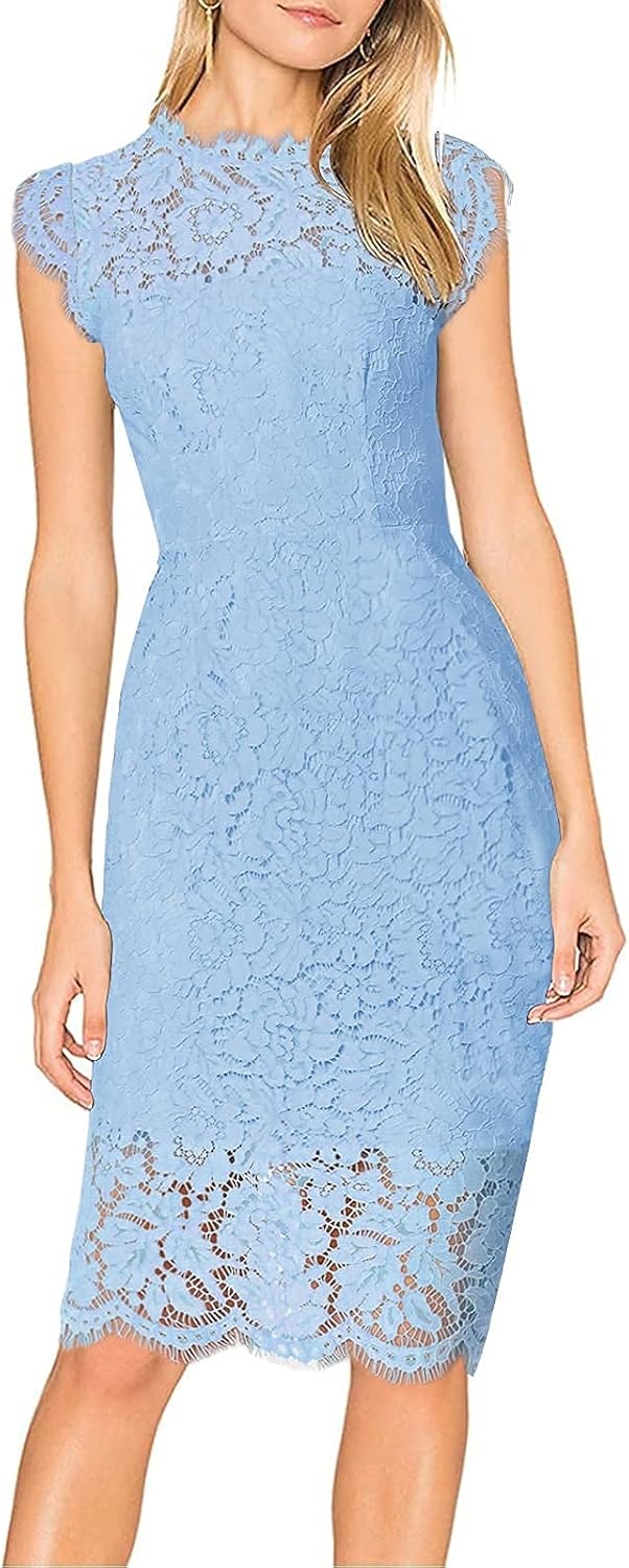 image:imageMEROKEETY Womens Sleeveless Lace Floral Elegant Cocktail Dress Crew Neck Knee Length for PartyLight Blue