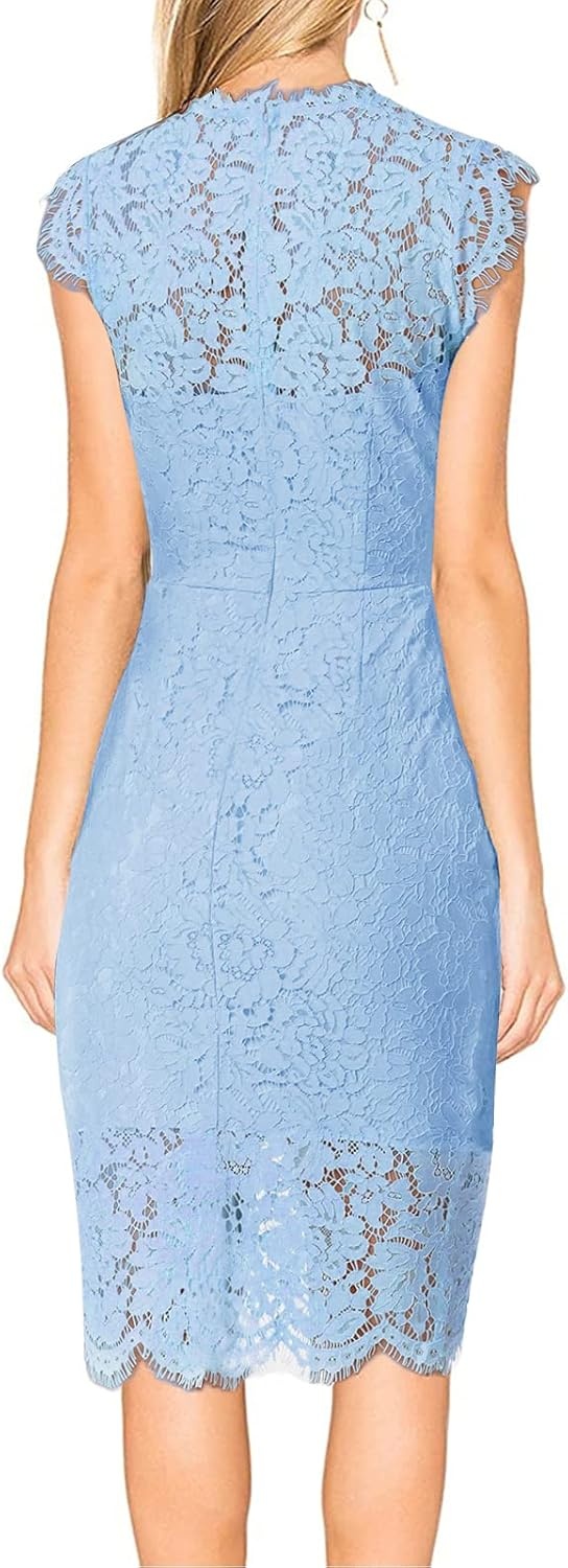 image:imageMEROKEETY Womens Sleeveless Lace Floral Elegant Cocktail Dress Crew Neck Knee Length for PartyLight Blue