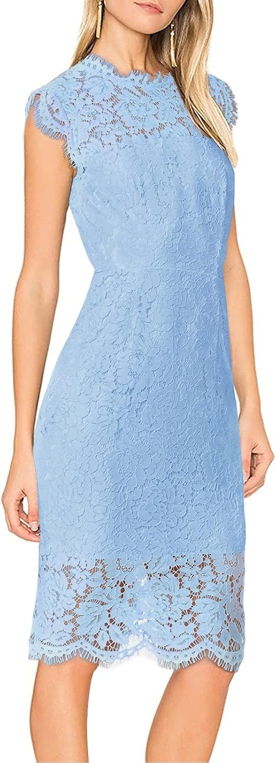 image:imageMEROKEETY Womens Sleeveless Lace Floral Elegant Cocktail Dress Crew Neck Knee Length for PartyLight Blue