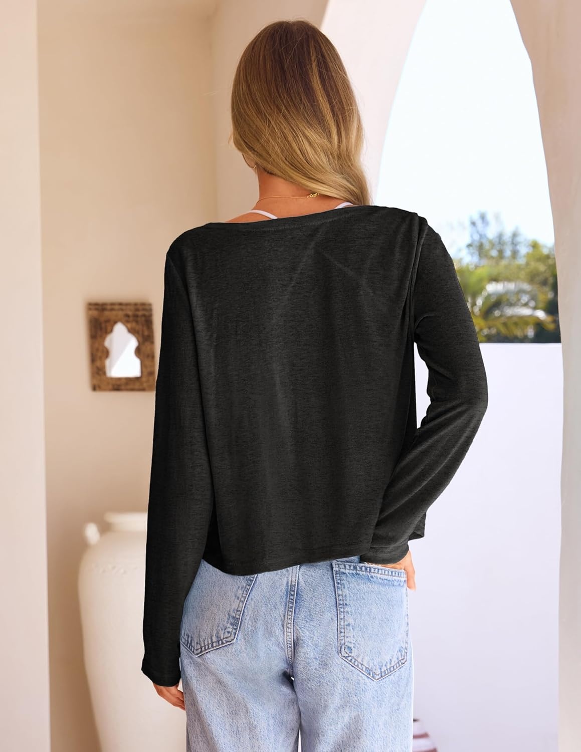 image:imageMEROKEETY Womens Summer Lightweight Cardigan 2026 Open Front Trendy Casual Shrugs Long Sleeve Button Beach Cover Up TopsBlack