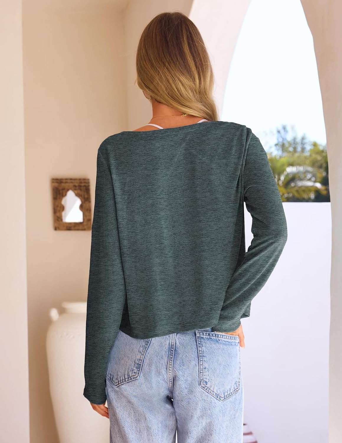 image:imageMEROKEETY Womens Summer Lightweight Cardigan 2026 Open Front Trendy Casual Shrugs Long Sleeve Button Beach Cover Up TopsDark Grey