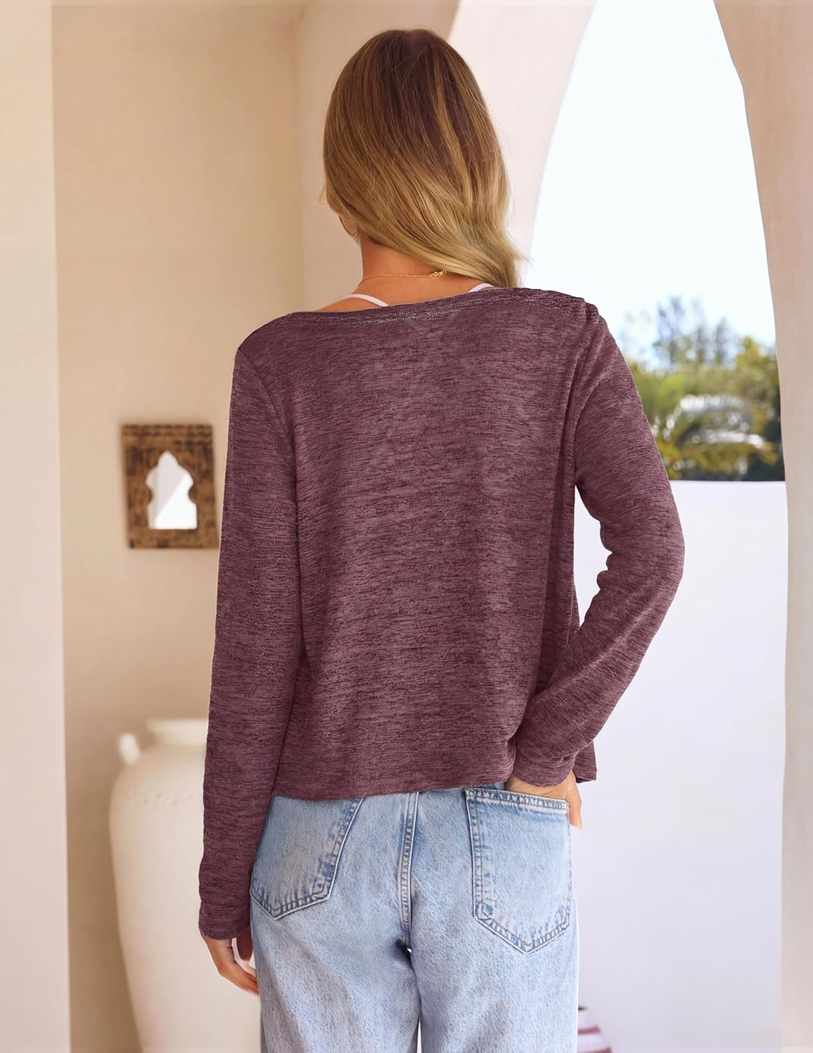 image:imageMEROKEETY Womens Summer Lightweight Cardigan 2026 Open Front Trendy Casual Shrugs Long Sleeve Button Beach Cover Up TopsMaroon