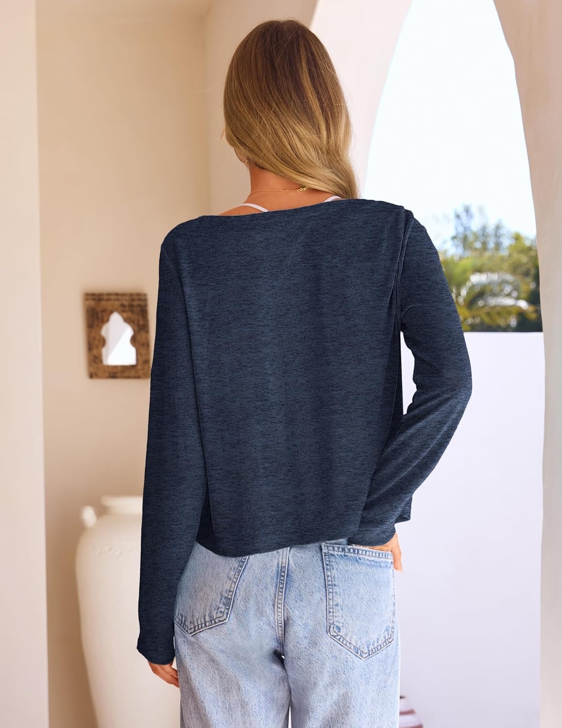 image:imageMEROKEETY Womens Summer Lightweight Cardigan 2026 Open Front Trendy Casual Shrugs Long Sleeve Button Beach Cover Up TopsNavy