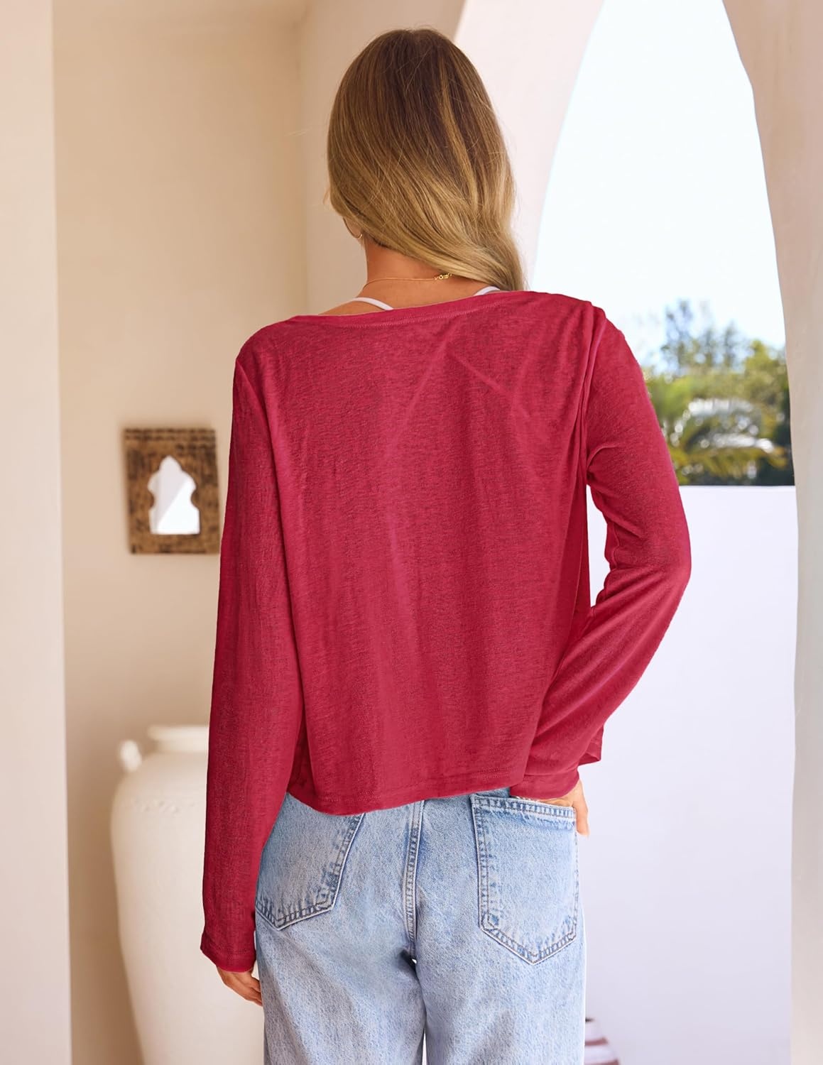 image:imageMEROKEETY Womens Summer Lightweight Cardigan 2026 Open Front Trendy Casual Shrugs Long Sleeve Button Beach Cover Up TopsRed