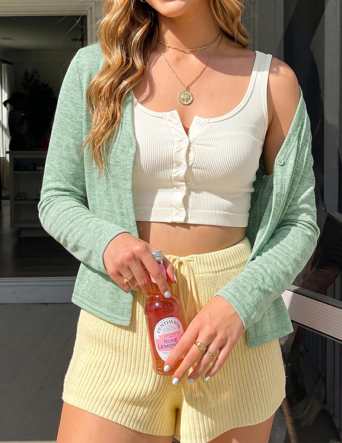 image:imageMEROKEETY Womens Summer Lightweight Cardigan 2026 Open Front Trendy Casual Shrugs Long Sleeve Button Beach Cover Up TopsSeagrass
