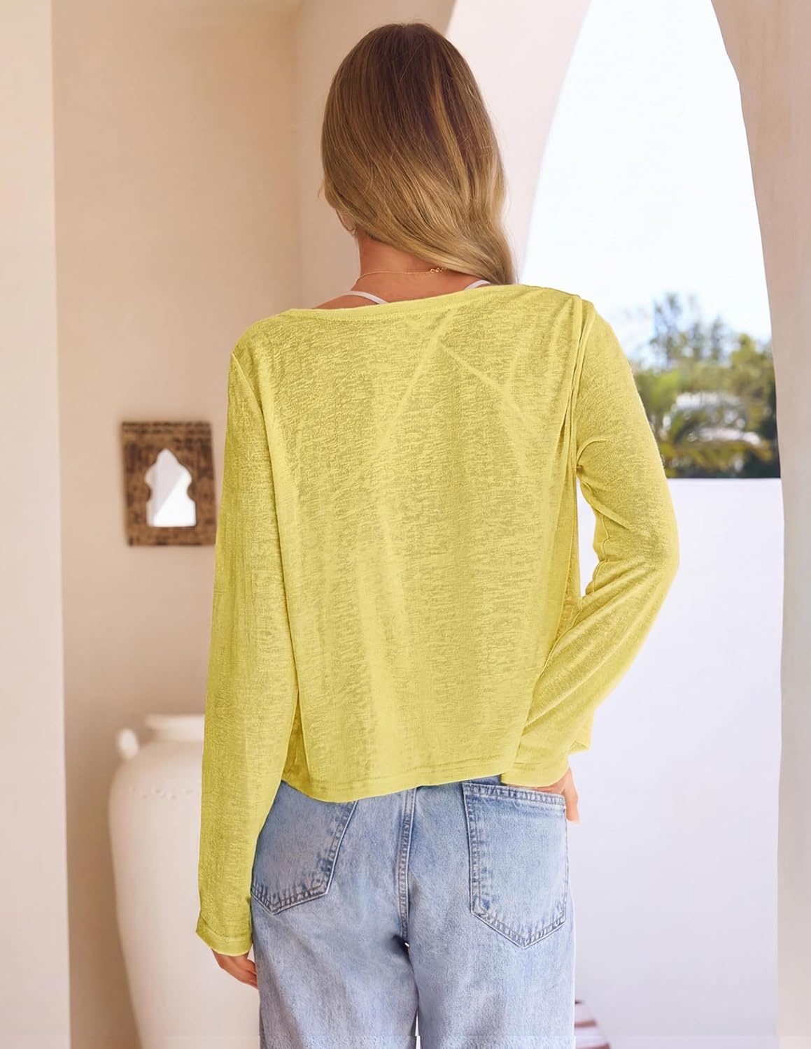 image:imageMEROKEETY Womens Summer Lightweight Cardigan 2026 Open Front Trendy Casual Shrugs Long Sleeve Button Beach Cover Up TopsYellow