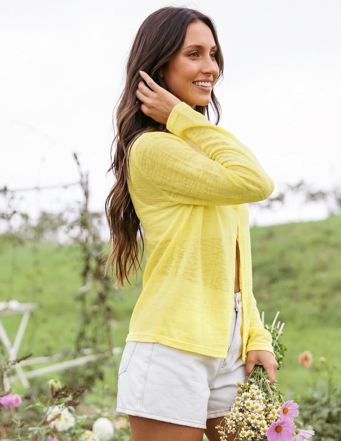image:imageMEROKEETY Womens Summer Lightweight Cardigan 2026 Open Front Trendy Casual Shrugs Long Sleeve Button Beach Cover Up TopsYellow