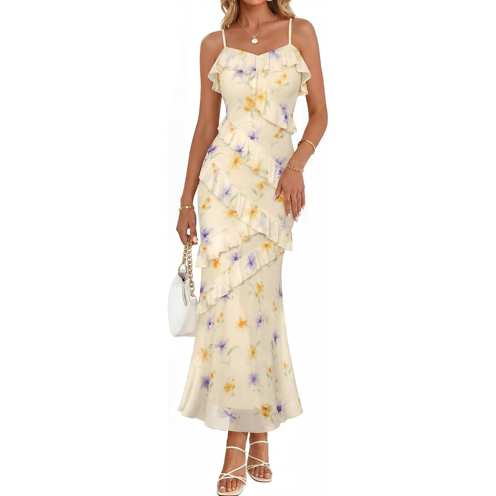 image:imageMEROKEETY Summer Floral Wedding Guest Maxi Dress Women 2026 Vacation Formal Bodycon Spaghetti Strap Cocktail Party Long DressBeige