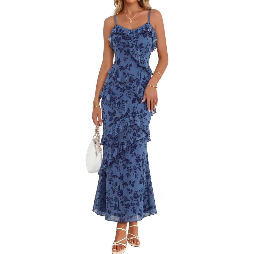 image:imageMEROKEETY Summer Floral Wedding Guest Maxi Dress Women 2026 Vacation Formal Bodycon Spaghetti Strap Cocktail Party Long DressDustyblue