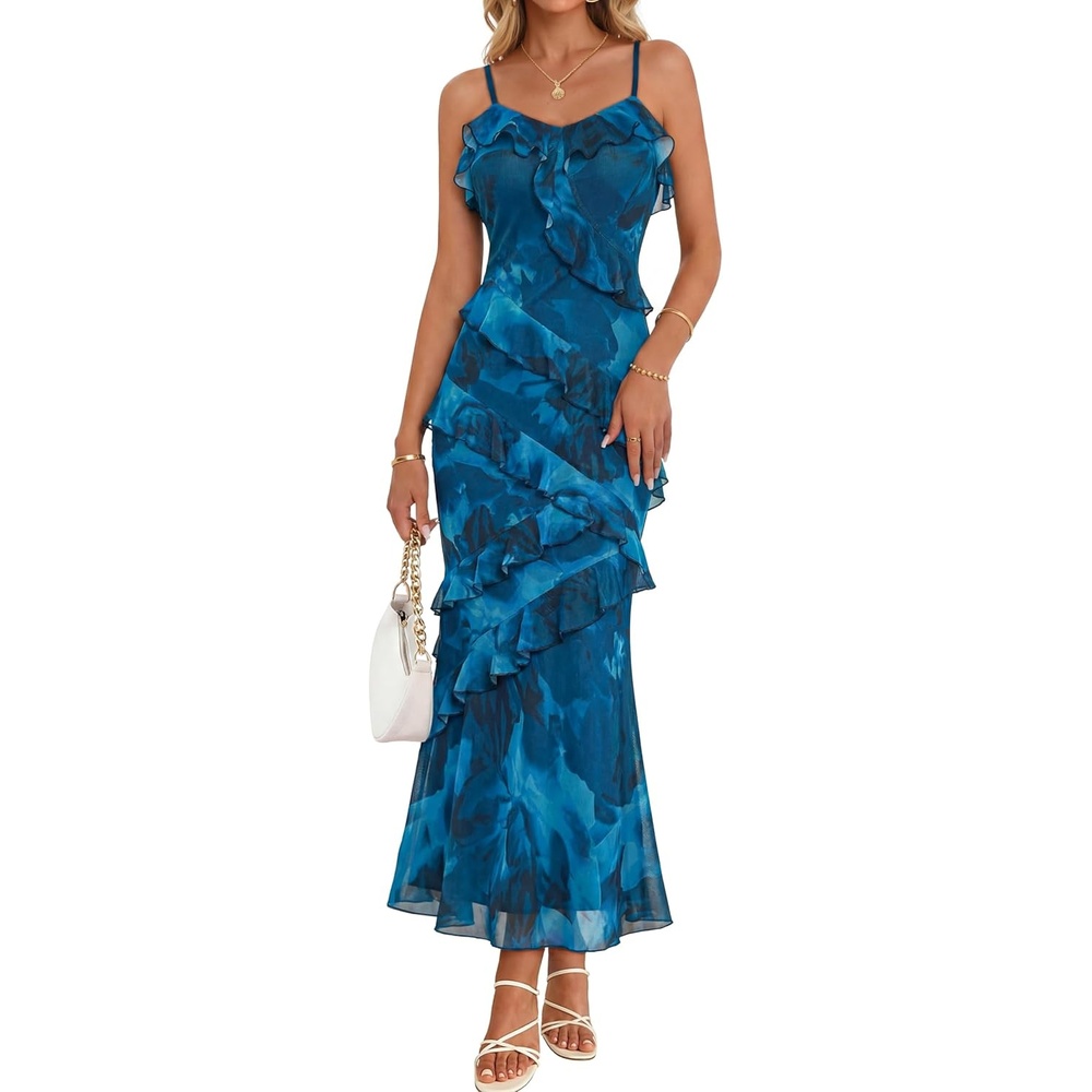 image:imageMEROKEETY Summer Floral Wedding Guest Maxi Dress Women 2026 Vacation Formal Bodycon Spaghetti Strap Cocktail Party Long DressLakeblue