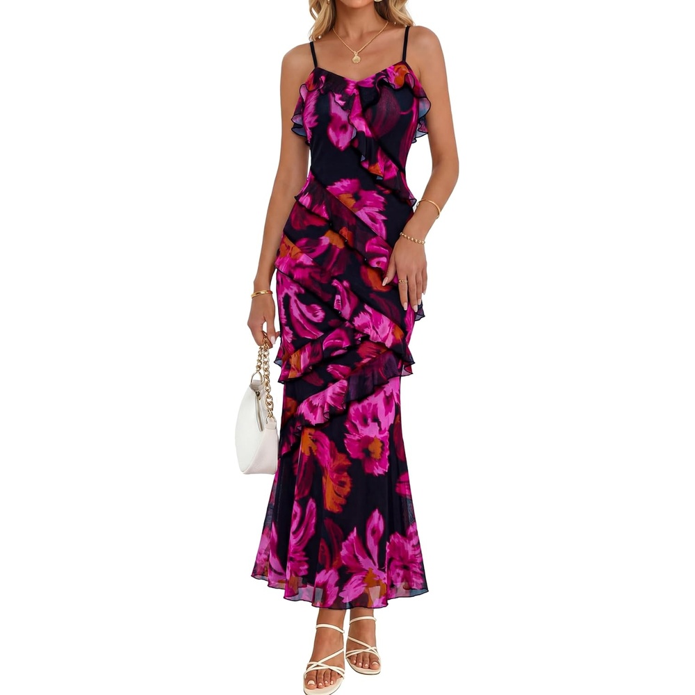 image:imageMEROKEETY Summer Floral Wedding Guest Maxi Dress Women 2026 Vacation Formal Bodycon Spaghetti Strap Cocktail Party Long DressRoseblack