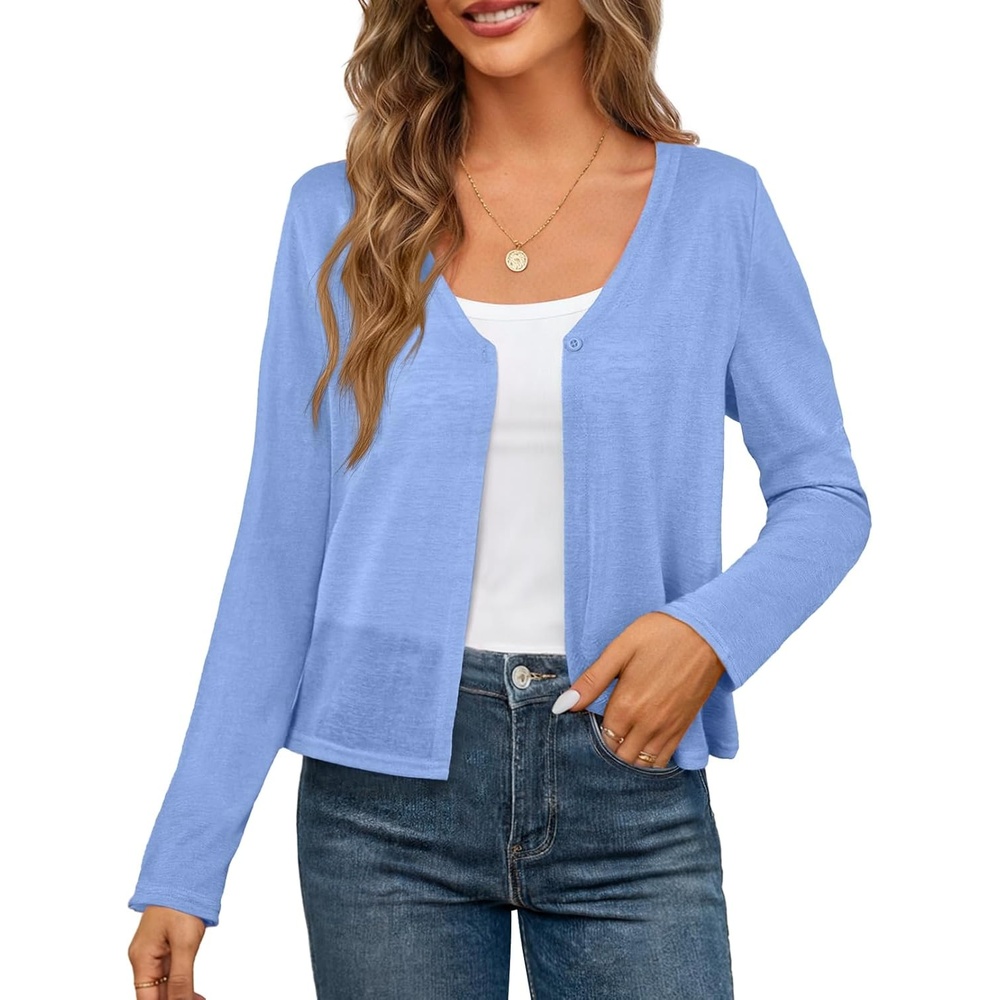 image:imageMEROKEETY Womens Summer Lightweight Cardigan 2026 Open Front Trendy Casual Shrugs Long Sleeve Button Beach Cover Up TopsBlue