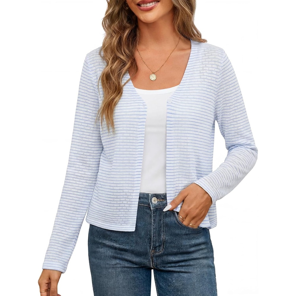 image:imageMEROKEETY Womens Summer Lightweight Cardigan 2026 Open Front Trendy Casual Shrugs Long Sleeve Button Beach Cover Up TopsLight Blue