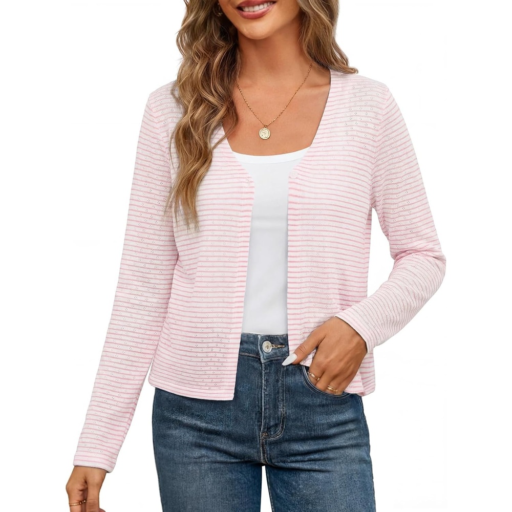 image:imageMEROKEETY Womens Summer Lightweight Cardigan 2026 Open Front Trendy Casual Shrugs Long Sleeve Button Beach Cover Up TopsPink