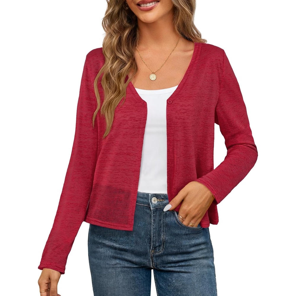 image:imageMEROKEETY Womens Summer Lightweight Cardigan 2026 Open Front Trendy Casual Shrugs Long Sleeve Button Beach Cover Up TopsRed