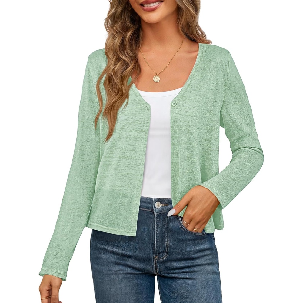 image:imageMEROKEETY Womens Summer Lightweight Cardigan 2026 Open Front Trendy Casual Shrugs Long Sleeve Button Beach Cover Up TopsSeagrass