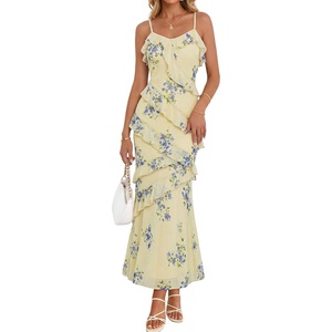 MEROKEETY Summer Floral Wedding Guest Maxi Dress Women 2026 Vacation Formal Bodycon Spaghetti Strap Cocktail Party Long Dress(Apricot)