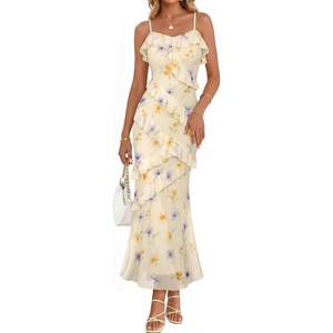 MEROKEETY Summer Floral Wedding Guest Maxi Dress Women 2026 Vacation Formal Bodycon Spaghetti Strap Cocktail Party Long Dress(Beige)