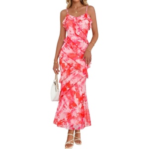 MEROKEETY Summer Floral Wedding Guest Maxi Dress Women 2026 Vacation Formal Bodycon Spaghetti Strap Cocktail Party Long Dress(Pink)