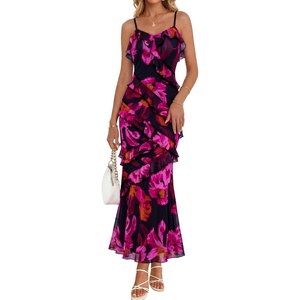MEROKEETY Summer Floral Wedding Guest Maxi Dress Women 2026 Vacation Formal Bodycon Spaghetti Strap Cocktail Party Long Dress(Roseblack)