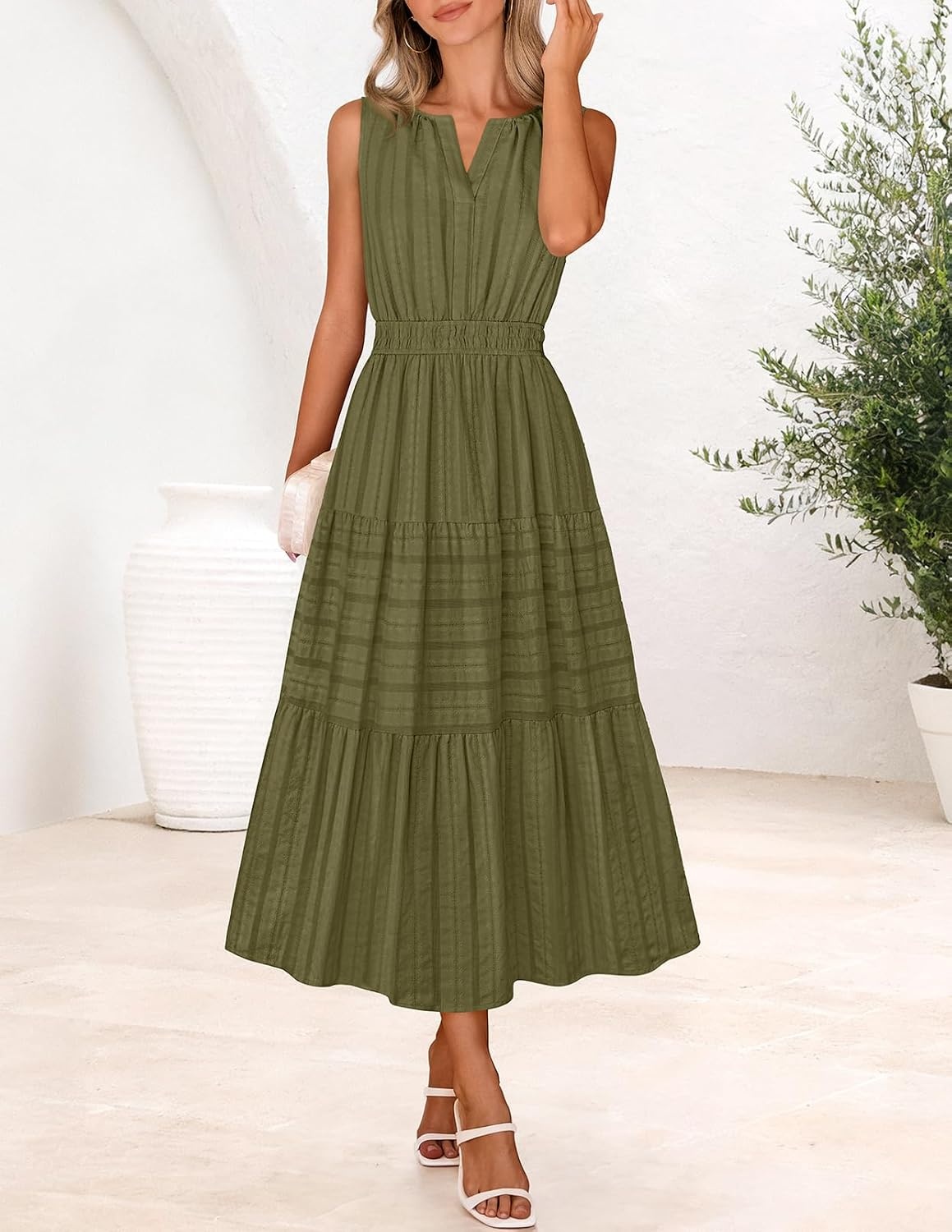 image:imageMEROKEETY Womens Summer Casual Midi Maxi Dress 2026 Beach Vacation Sleeveless Boho V Neck Cotton Modest Long Dresses PocketsArmygreen