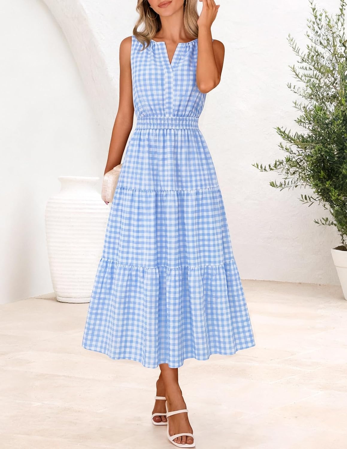 image:imageMEROKEETY Womens Summer Casual Midi Maxi Dress 2026 Beach Vacation Sleeveless Boho V Neck Cotton Modest Long Dresses PocketsBluegingham