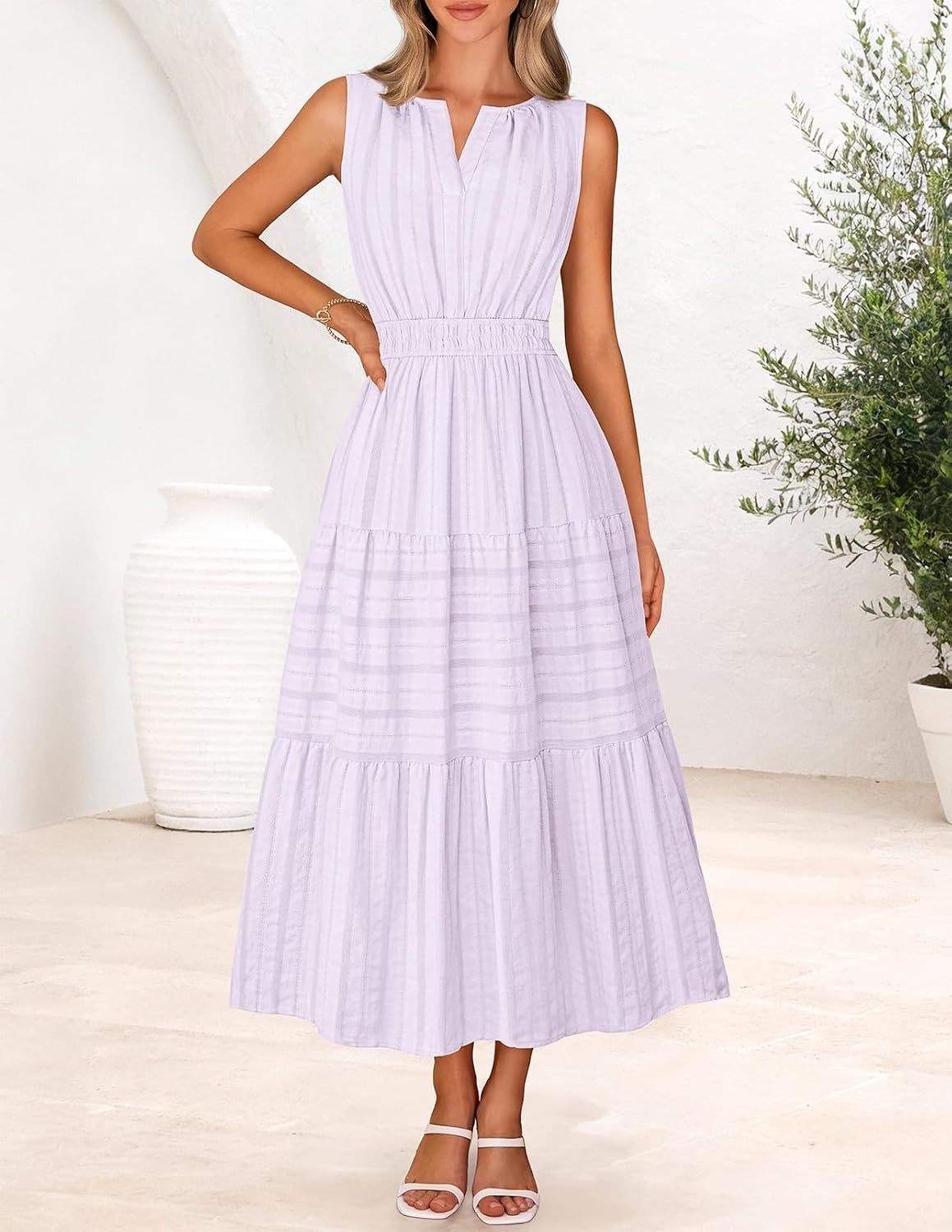 image:imageMEROKEETY Womens Summer Casual Midi Maxi Dress 2026 Beach Vacation Sleeveless Boho V Neck Cotton Modest Long Dresses PocketsLightpurple