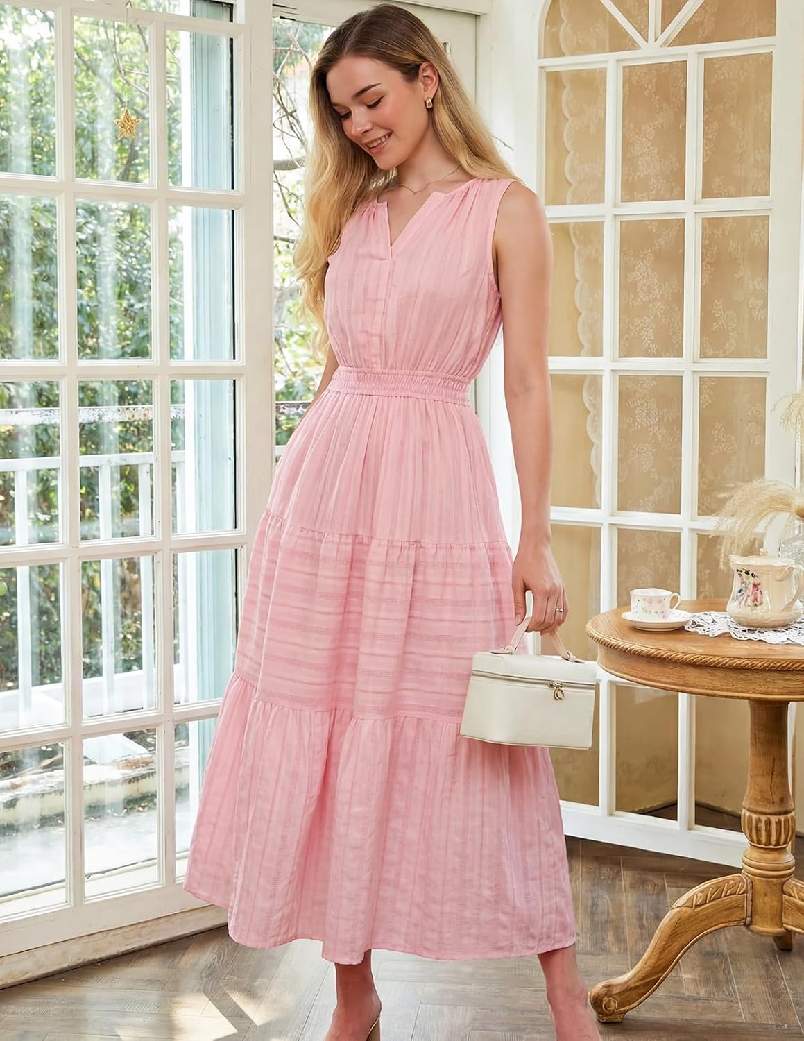image:imageMEROKEETY Womens Summer Casual Midi Maxi Dress 2026 Beach Vacation Sleeveless Boho V Neck Cotton Modest Long Dresses PocketsPink