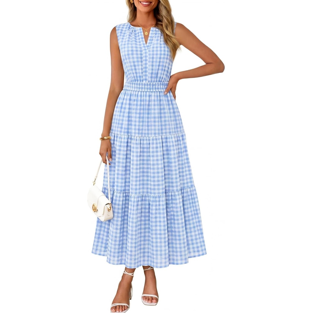 image:imageMEROKEETY Womens Summer Casual Midi Maxi Dress 2026 Beach Vacation Sleeveless Boho V Neck Cotton Modest Long Dresses PocketsBluegingham