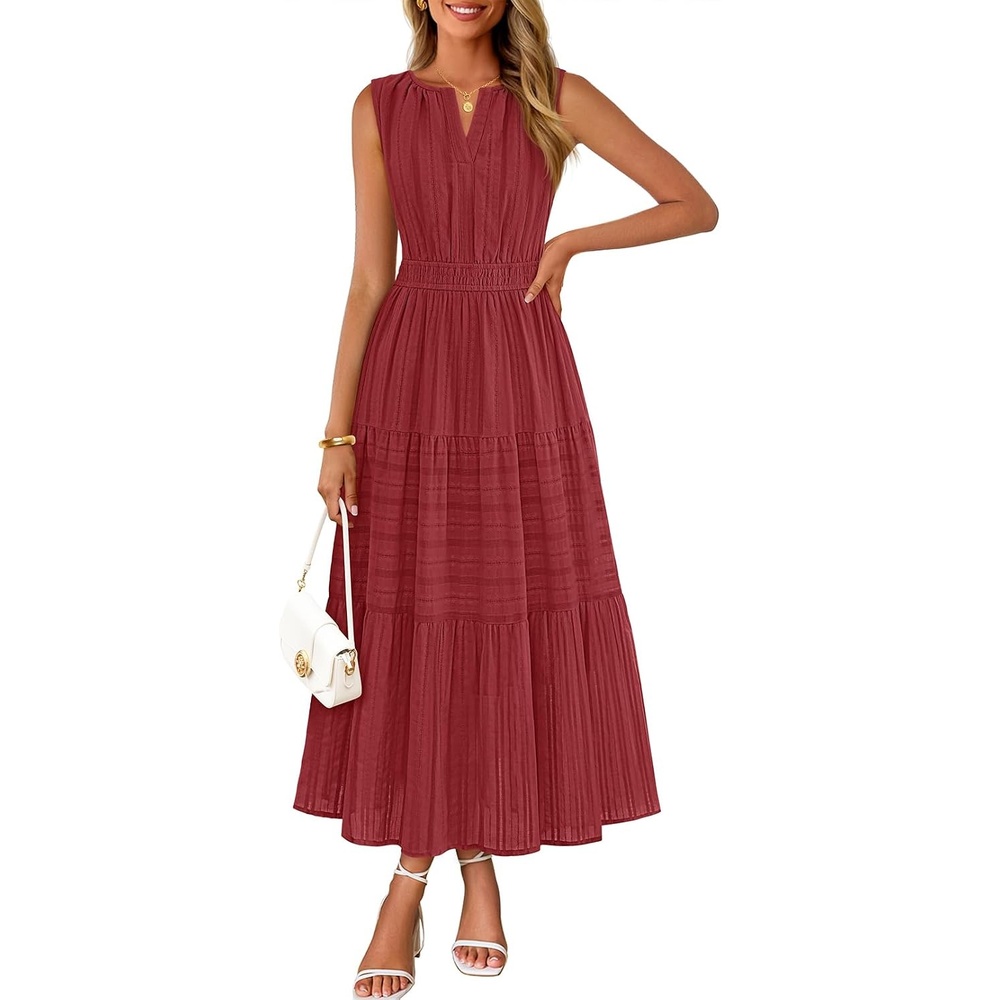 image:imageMEROKEETY Womens Summer Casual Midi Maxi Dress 2026 Beach Vacation Sleeveless Boho V Neck Cotton Modest Long Dresses PocketsRed