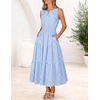 MEROKEETY Womens Summer Casual Midi Maxi Dress 2026 Beach Vacation Sleeveless Boho V Neck Cotton Modest Long Dresses Pockets(Bluegingham)