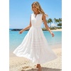 MEROKEETY Womens Summer Casual Midi Maxi Dress 2026 Beach Vacation Sleeveless Boho V Neck Cotton Modest Long Dresses Pockets(White)
