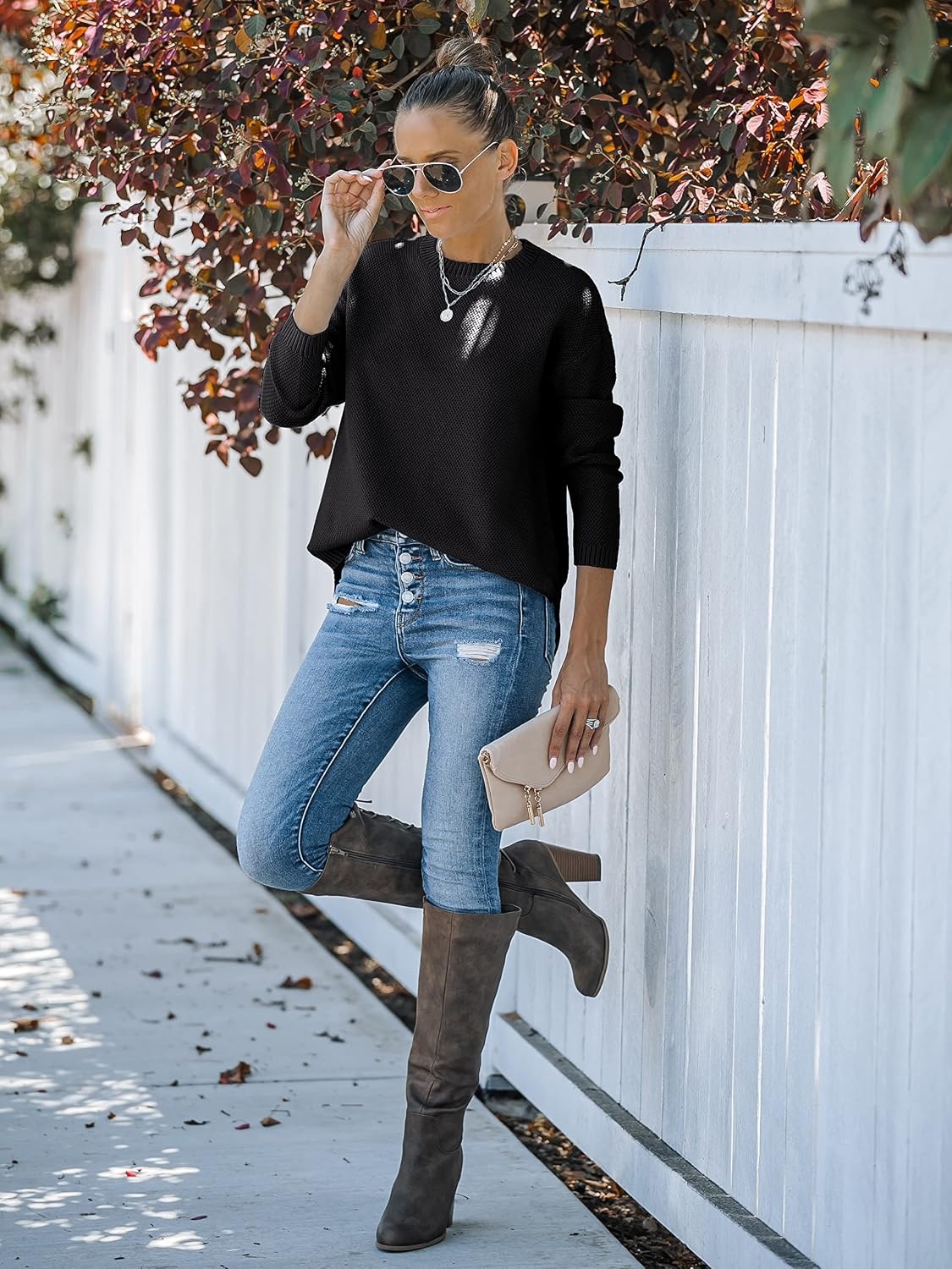 image:imageMEROKEETY Fall Long Sweaters for Women 2026 Trendy Long Sleeve Cute Knit Outfits Loose Fit Crewneck Work Casual PulloverBlack
