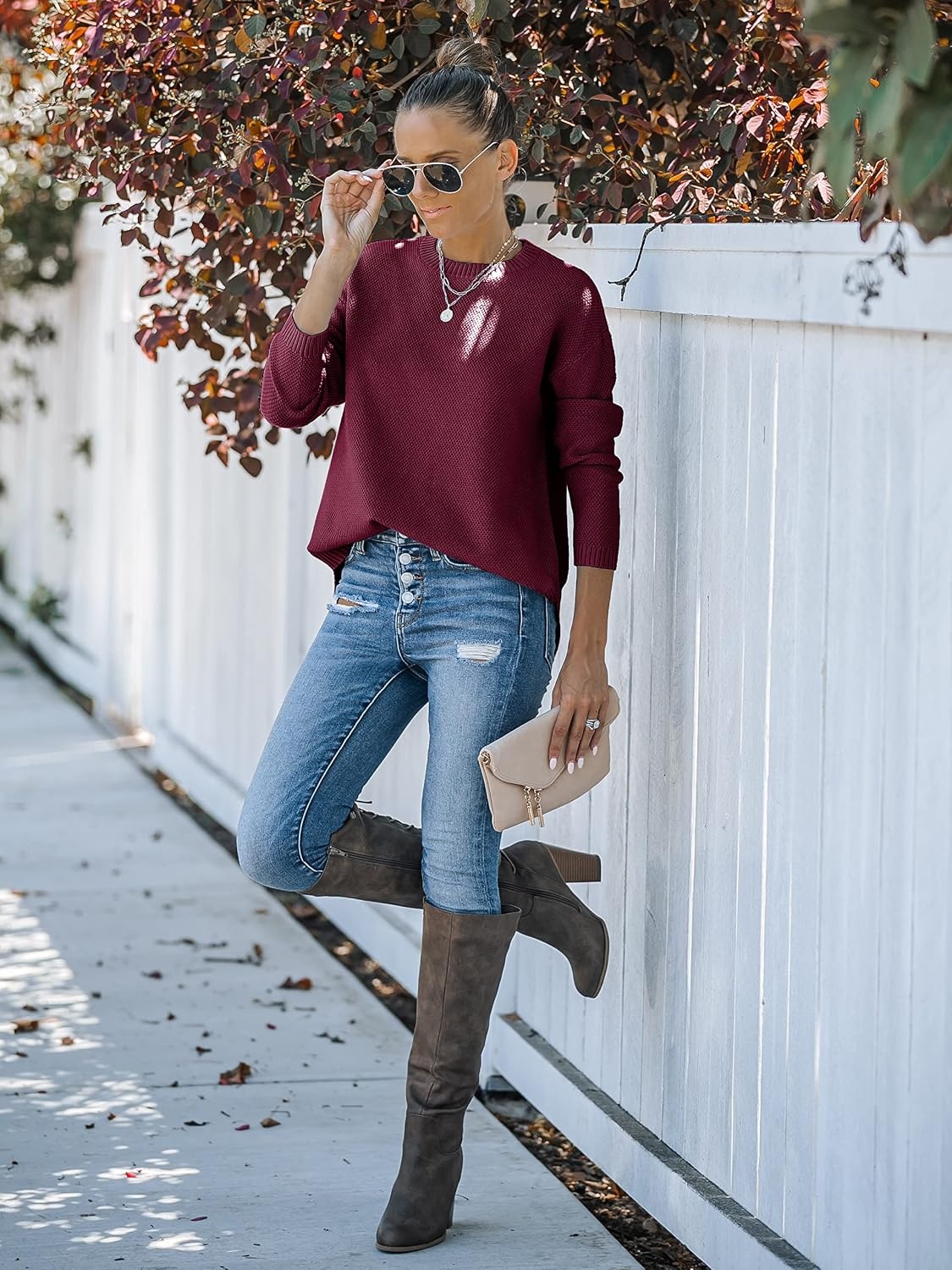image:imageMEROKEETY Fall Long Sweaters for Women 2026 Trendy Long Sleeve Cute Knit Outfits Loose Fit Crewneck Work Casual PulloverBurgundy