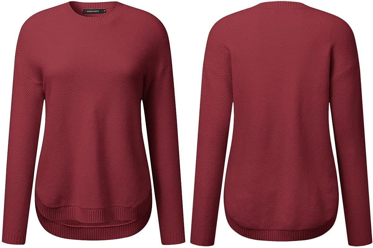 image:imageMEROKEETY Fall Long Sweaters for Women 2026 Trendy Long Sleeve Cute Knit Outfits Loose Fit Crewneck Work Casual PulloverBurgundy
