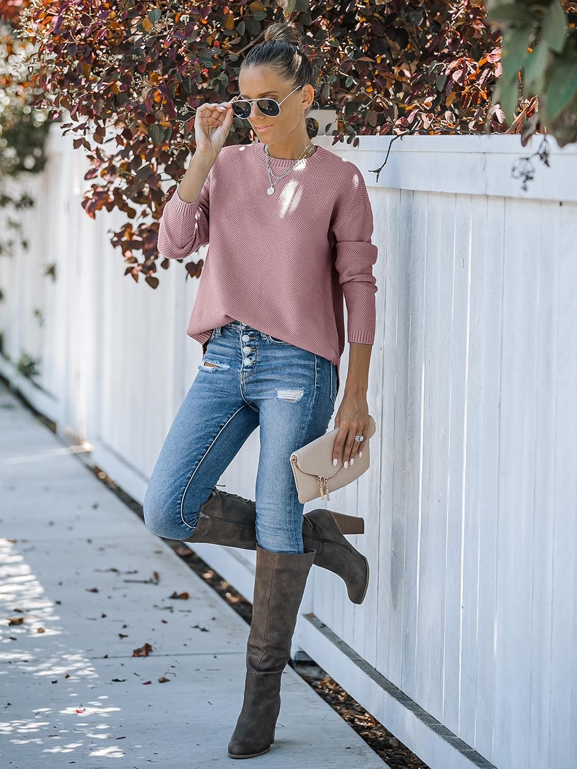 image:imageMEROKEETY Fall Long Sweaters for Women 2026 Trendy Long Sleeve Cute Knit Outfits Loose Fit Crewneck Work Casual PulloverDustypink