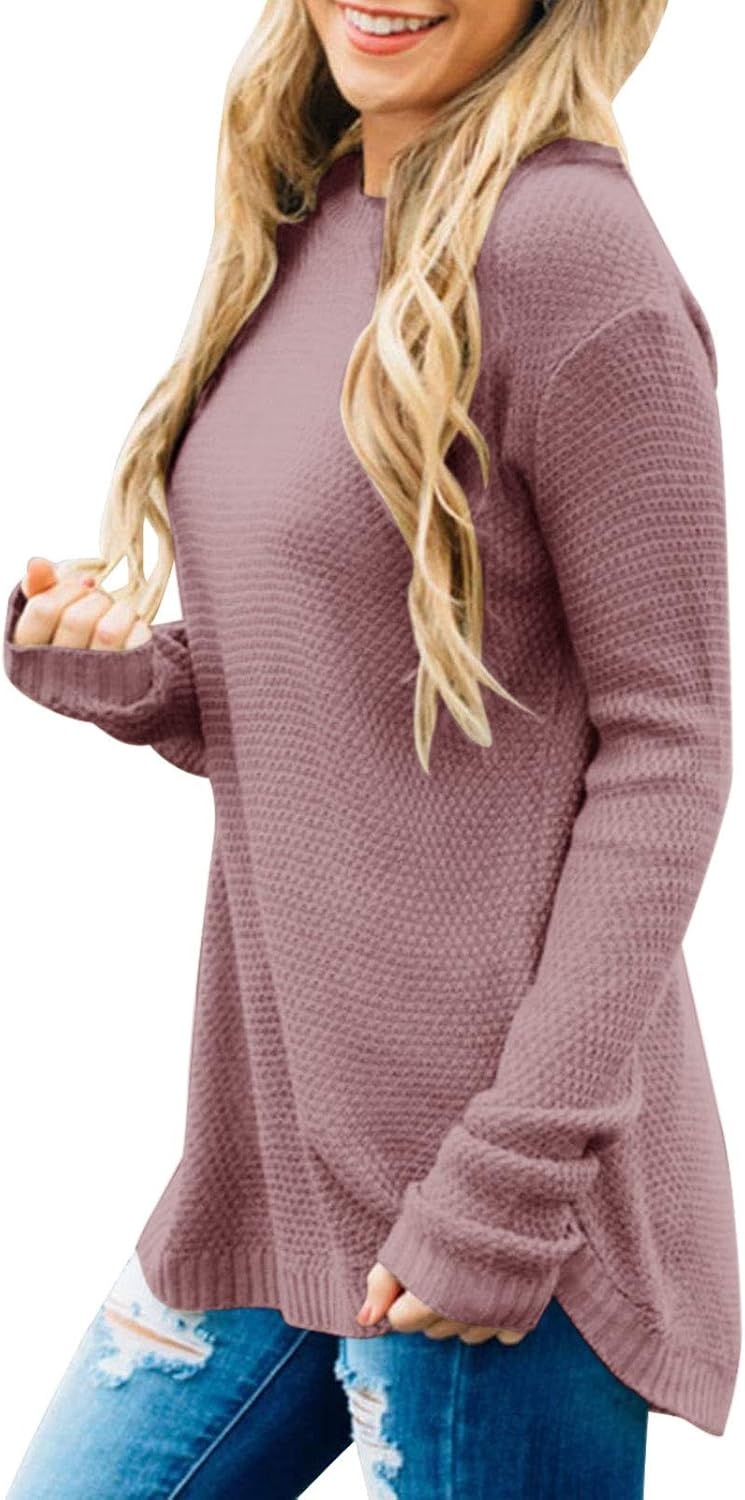 image:imageMEROKEETY Fall Long Sweaters for Women 2026 Trendy Long Sleeve Cute Knit Outfits Loose Fit Crewneck Work Casual PulloverDustypink