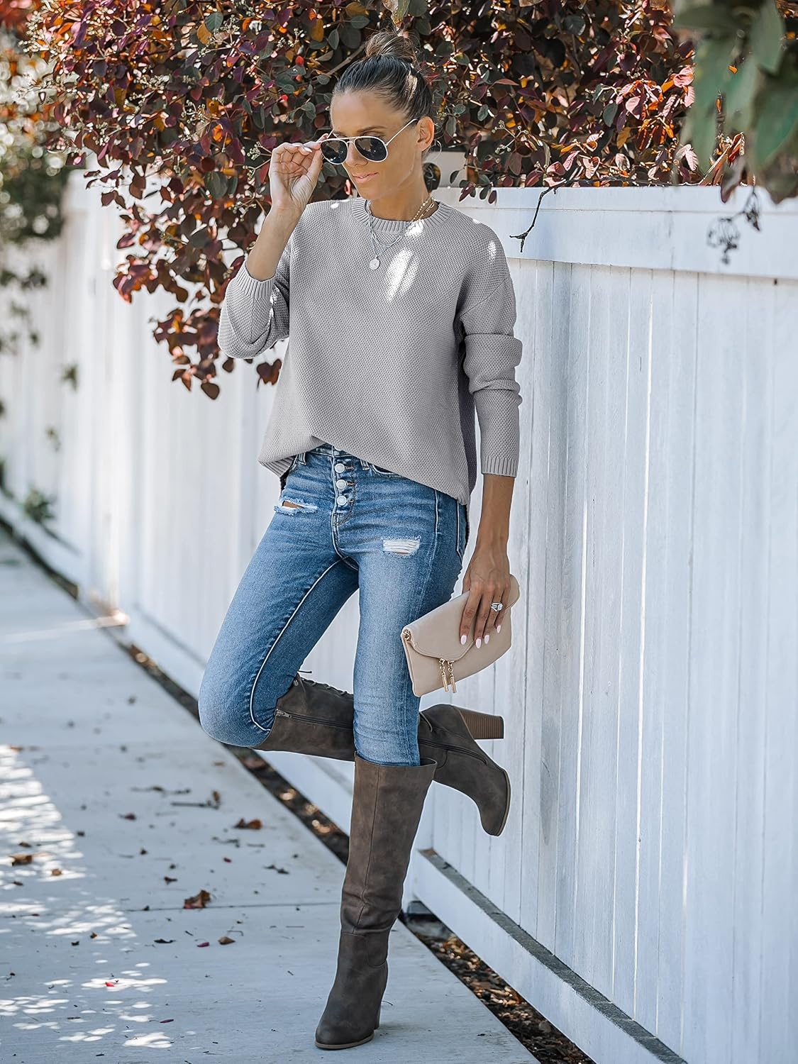 image:imageMEROKEETY Fall Long Sweaters for Women 2026 Trendy Long Sleeve Cute Knit Outfits Loose Fit Crewneck Work Casual PulloverGrey