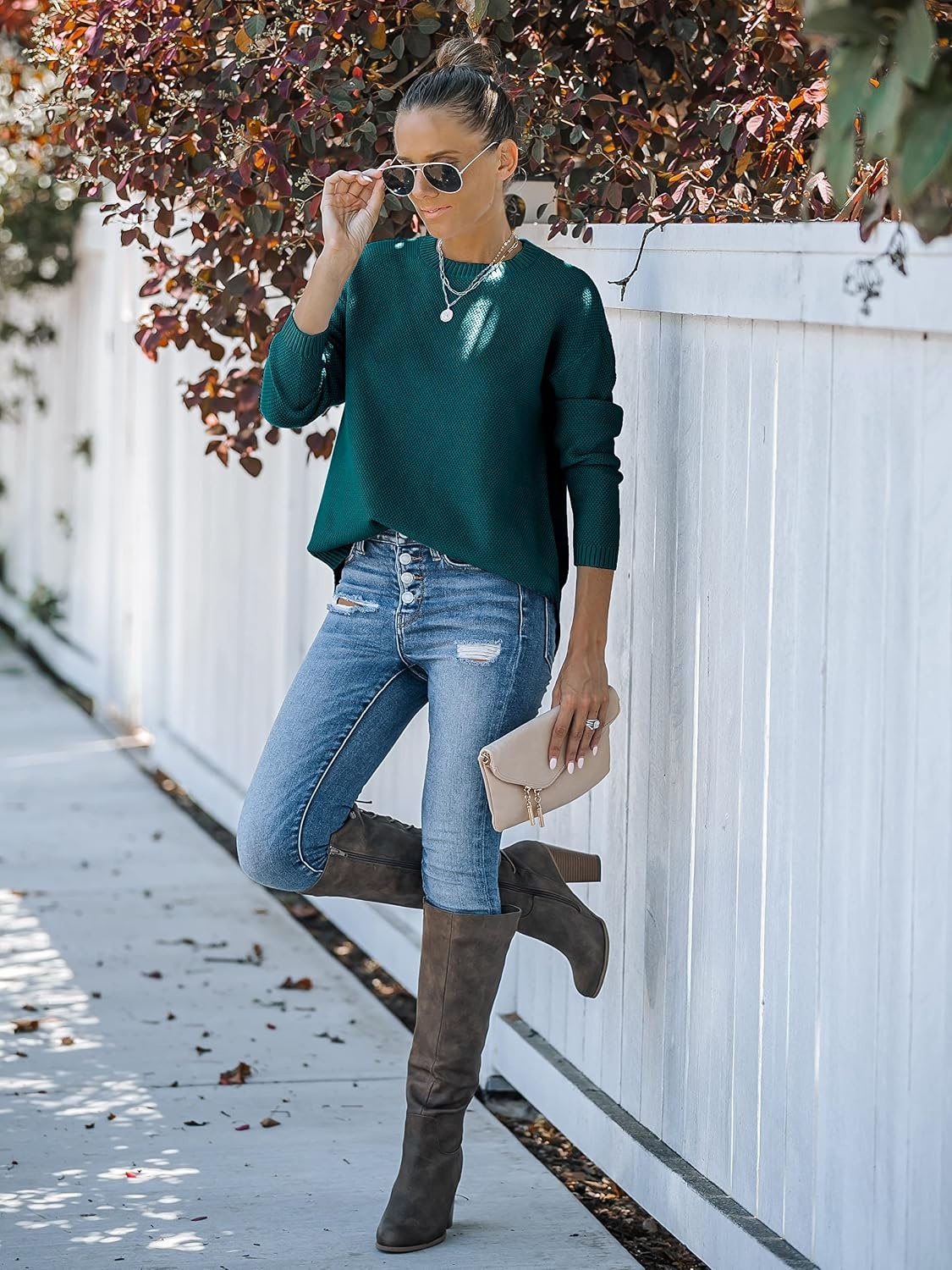 image:imageMEROKEETY Fall Long Sweaters for Women 2026 Trendy Long Sleeve Cute Knit Outfits Loose Fit Crewneck Work Casual PulloverTealgreen