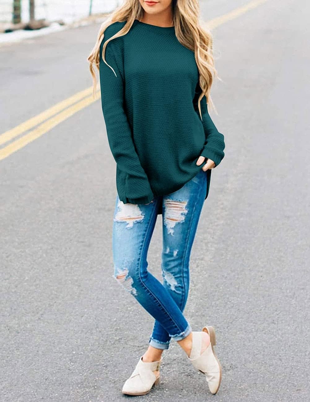 image:imageMEROKEETY Fall Long Sweaters for Women 2026 Trendy Long Sleeve Cute Knit Outfits Loose Fit Crewneck Work Casual PulloverTealgreen