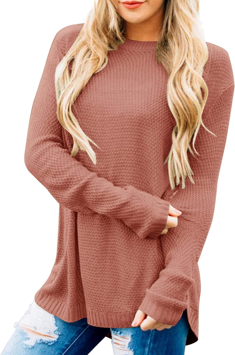image:imageMEROKEETY Fall Long Sweaters for Women 2026 Trendy Long Sleeve Cute Knit Outfits Loose Fit Crewneck Work Casual PulloverTealrose