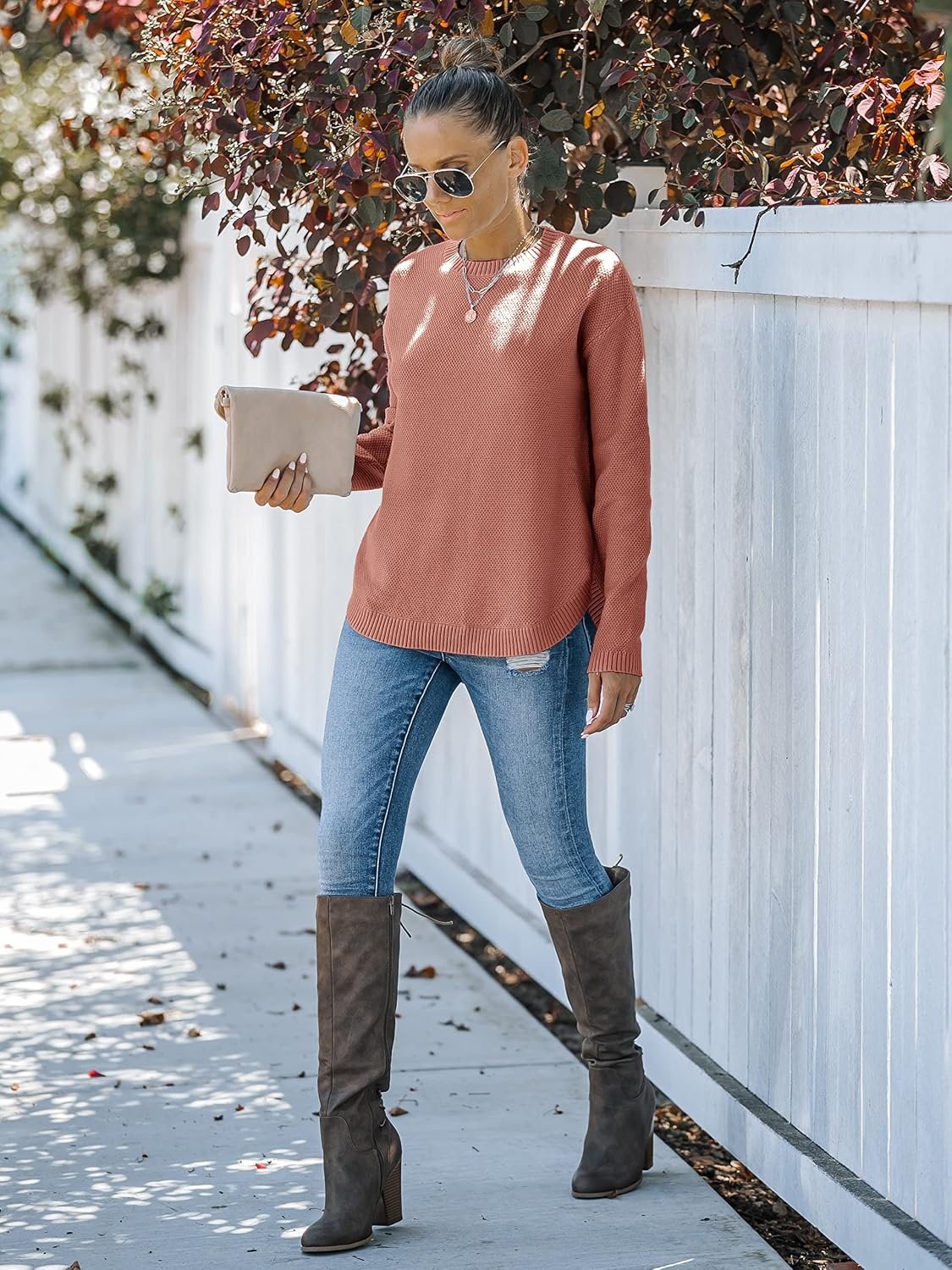 image:imageMEROKEETY Fall Long Sweaters for Women 2026 Trendy Long Sleeve Cute Knit Outfits Loose Fit Crewneck Work Casual PulloverTealrose