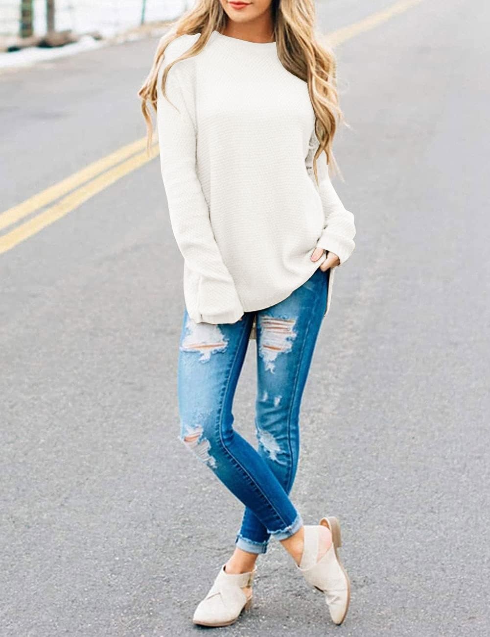 image:imageMEROKEETY Fall Long Sweaters for Women 2026 Trendy Long Sleeve Cute Knit Outfits Loose Fit Crewneck Work Casual PulloverWhite
