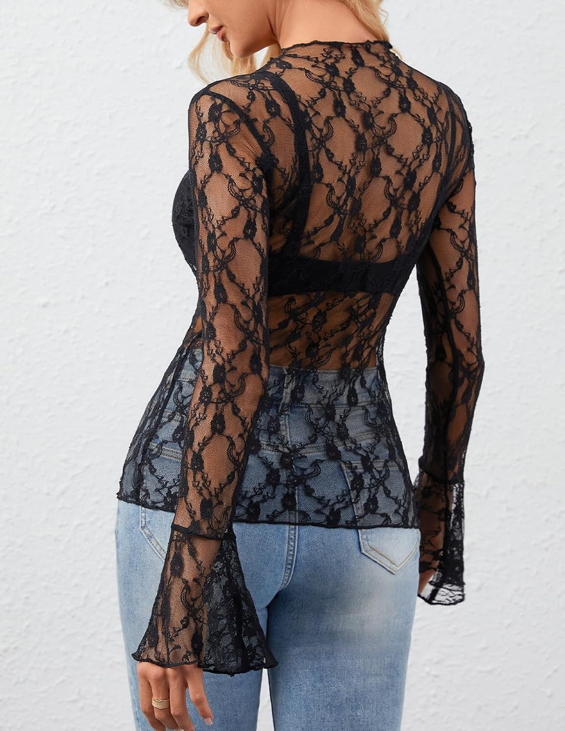 image:imageMEROKEETY Womens Mesh Sheer Lace Long Sleeve Tops 2026 See Through Mock Neck Shirt Fashion Blouses Date Night Outfit ClothesBlack2